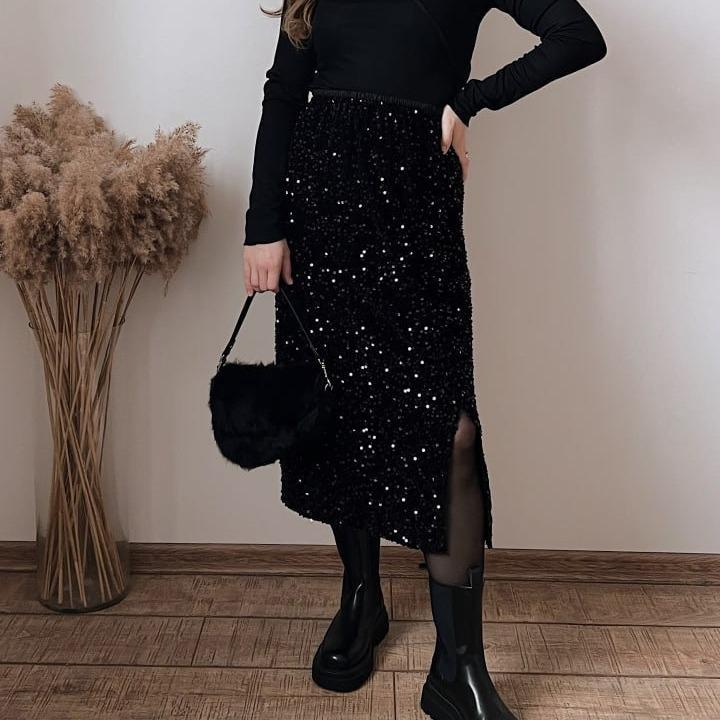 Outono e inverno cor sólida veludo lantejoulas midi vestido all-match elegante sexy saia feminina