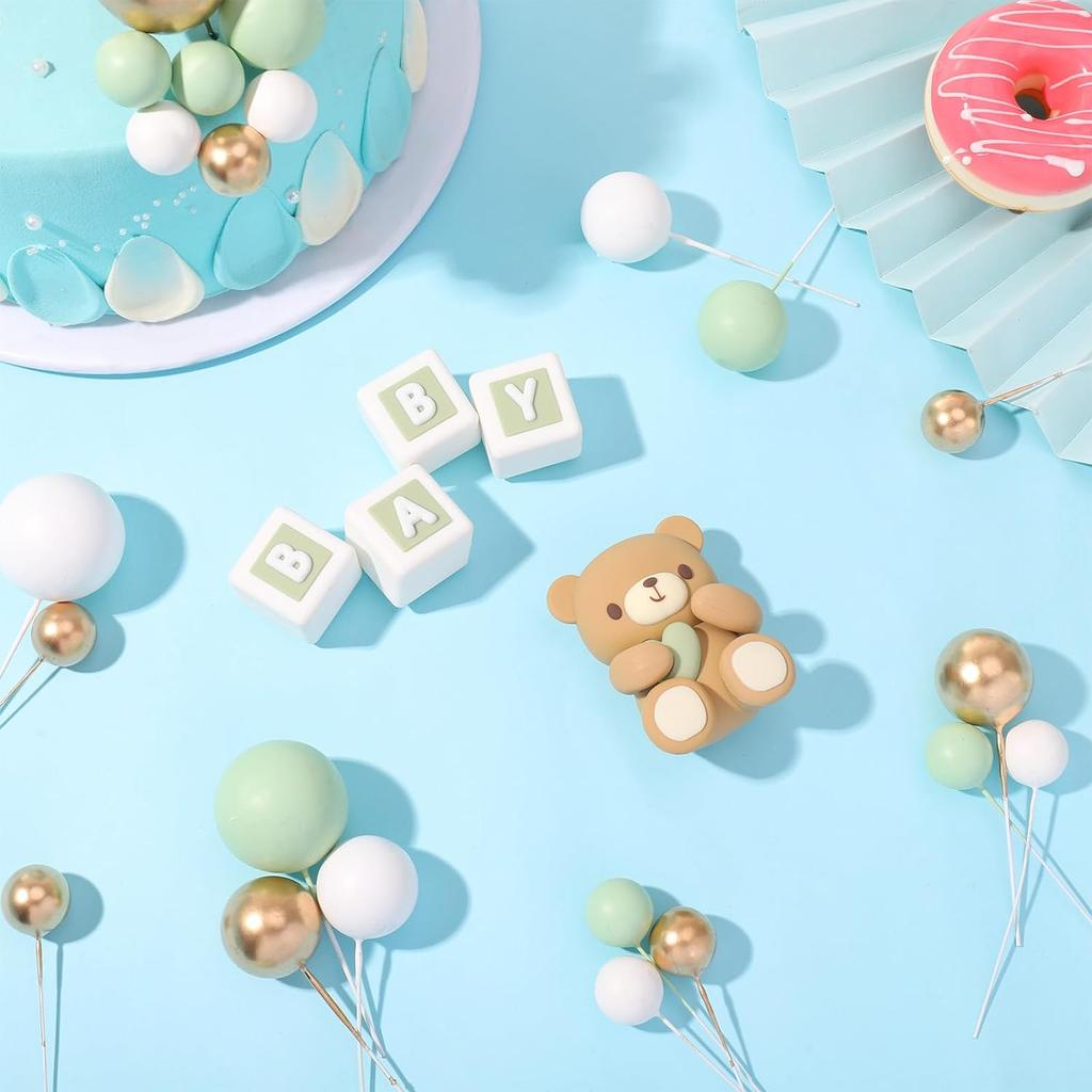 Ball Cake Topper Bear Cake Topper Baby Shower Cake Decorations with Cute Bear Green BABY Letter Foam Balloon Birthday Party