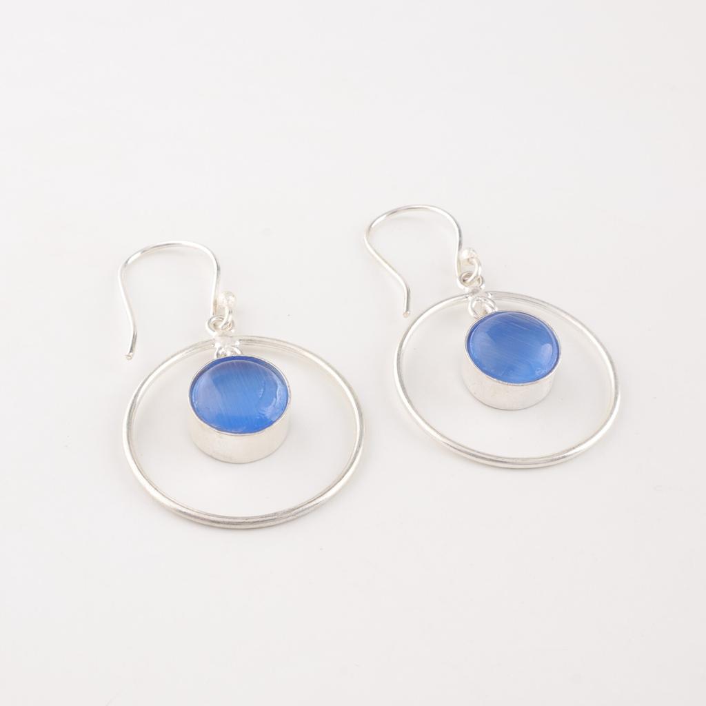Dark Blue Cat's Eye Gemstone 925 Sterling Silver Jewelry Handmade Earrings 1.60" EE-5-46