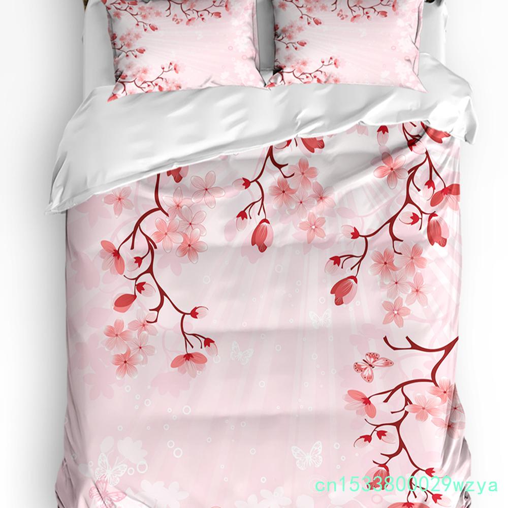 Pink Girl Flower Butterfly Duvet Cover Bed Bedding Set Home Textile Quilt Cover Pillowcases Bedroom Double Bedding Set No Sheet