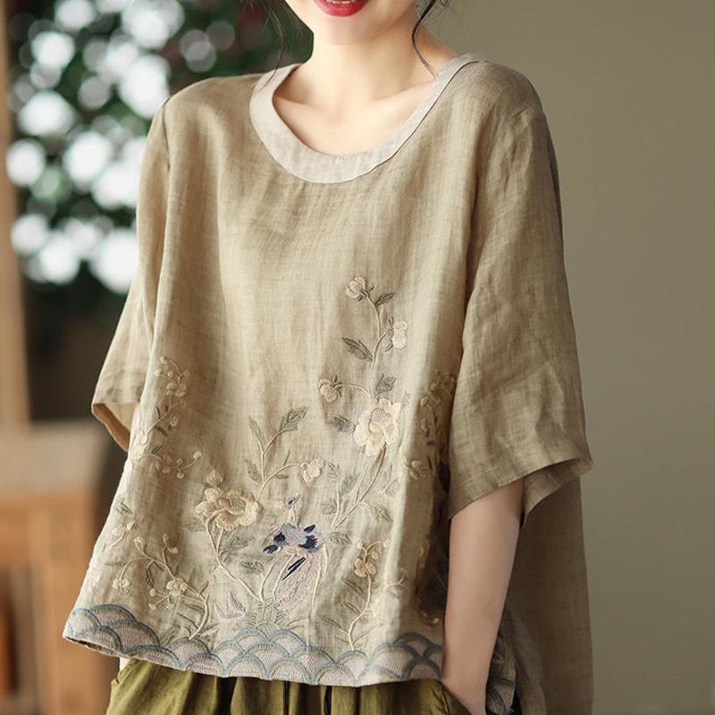 Sommer Damenbekleidung Rundhals Bestickt Patchwork Baumwolle Pullover Kurzarm Tops Damen Bequemes T-Shirt