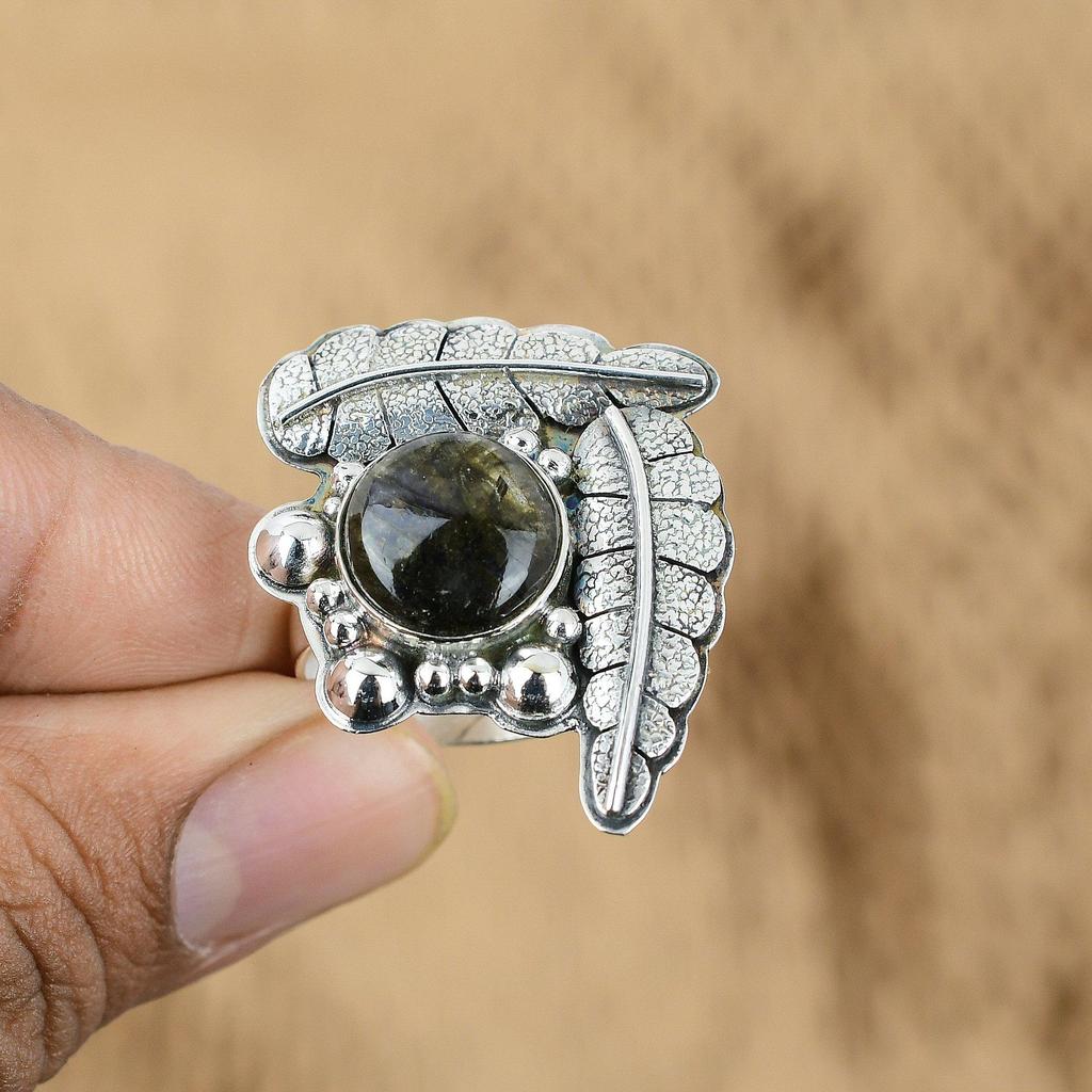 Natürlicher Labradorit Edelstein Versprechen Blau Verstellbarer Ring 925 Sterlingsilber