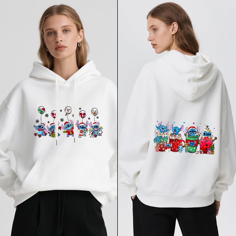 Disney Stitch Christmas Print Women Fleece Hoodie Winter Warm Pullover Casual Holiday Travel Party Outfit Soft Cozy Sweatshirt