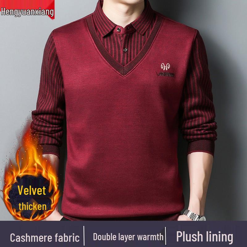 Hengyuanxiang Men's Pure Cashmere Two-Piece Look Thickened Winter Sweater