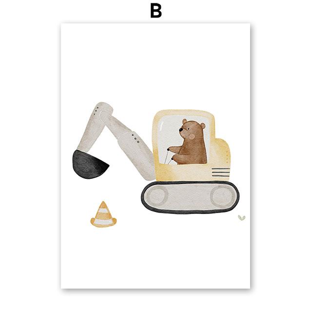 Nursery Wall Art Children's Prints Cartoon Bear Forklift Excavator Car Mud Truck Poster For Kids Room Baby Decor Canvas Painting