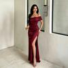 European and American One-word Shoulder Satin Dress Long Dress Pleated Waist High Split Elastic Acetate Fishtail Evening Dress Dress
