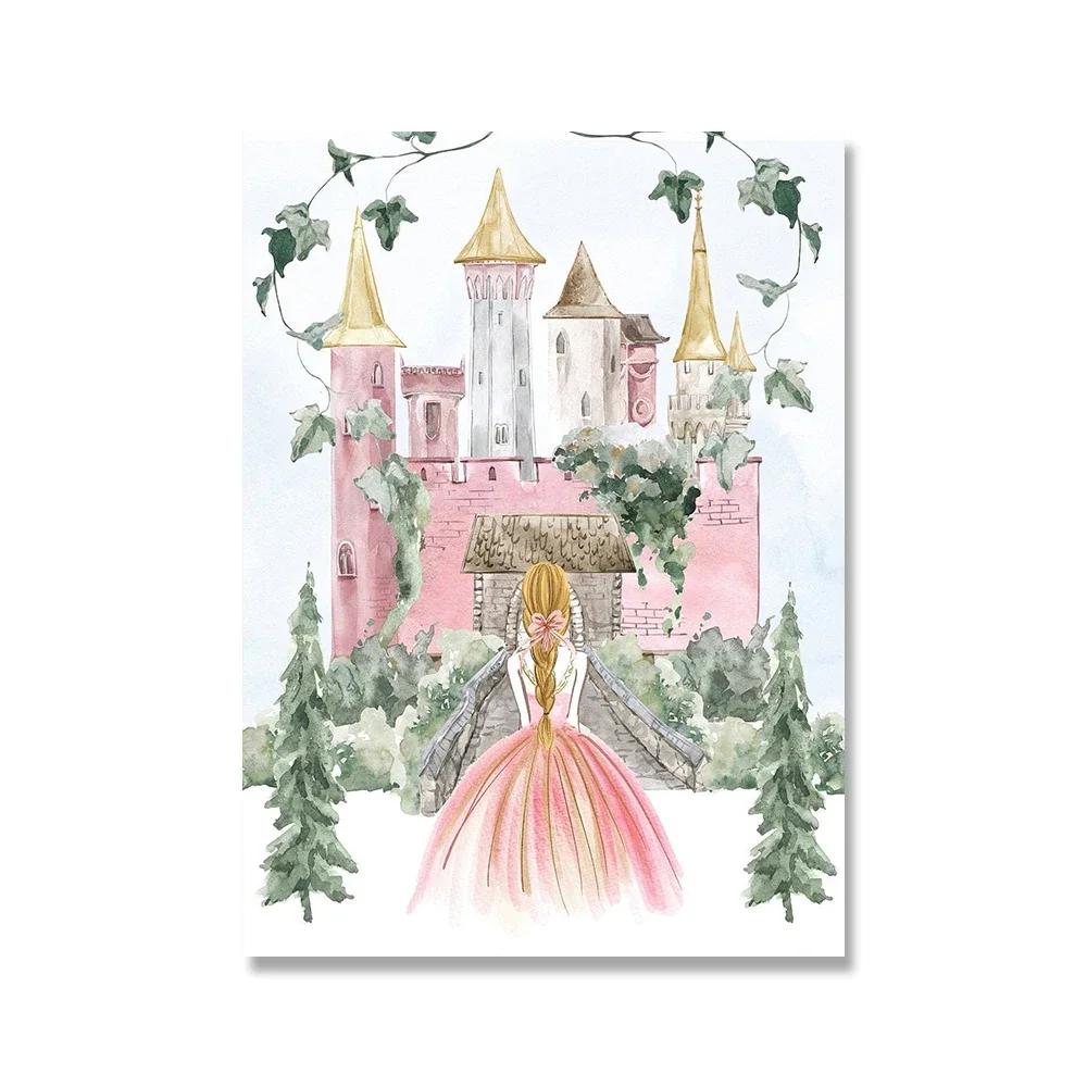 

Скандинавская акварель, волшебное искусство, холст, картина, постер, подарок для дочери, декор для детской комнаты, замок принцессы, сказочный принт 30x40cm No Framed