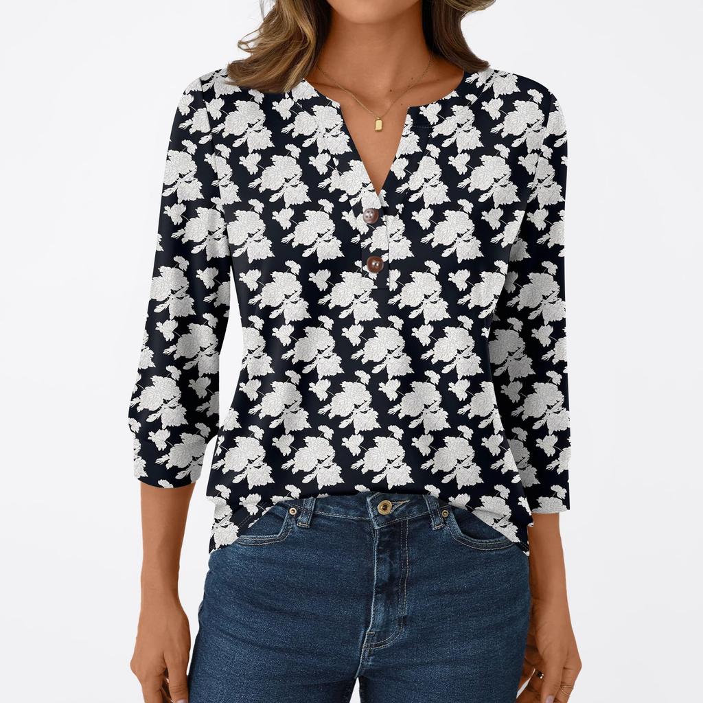 Camiseta Casual de Moda para Mujer Manga 3/4 Estampados Cuello en V Top con Botones