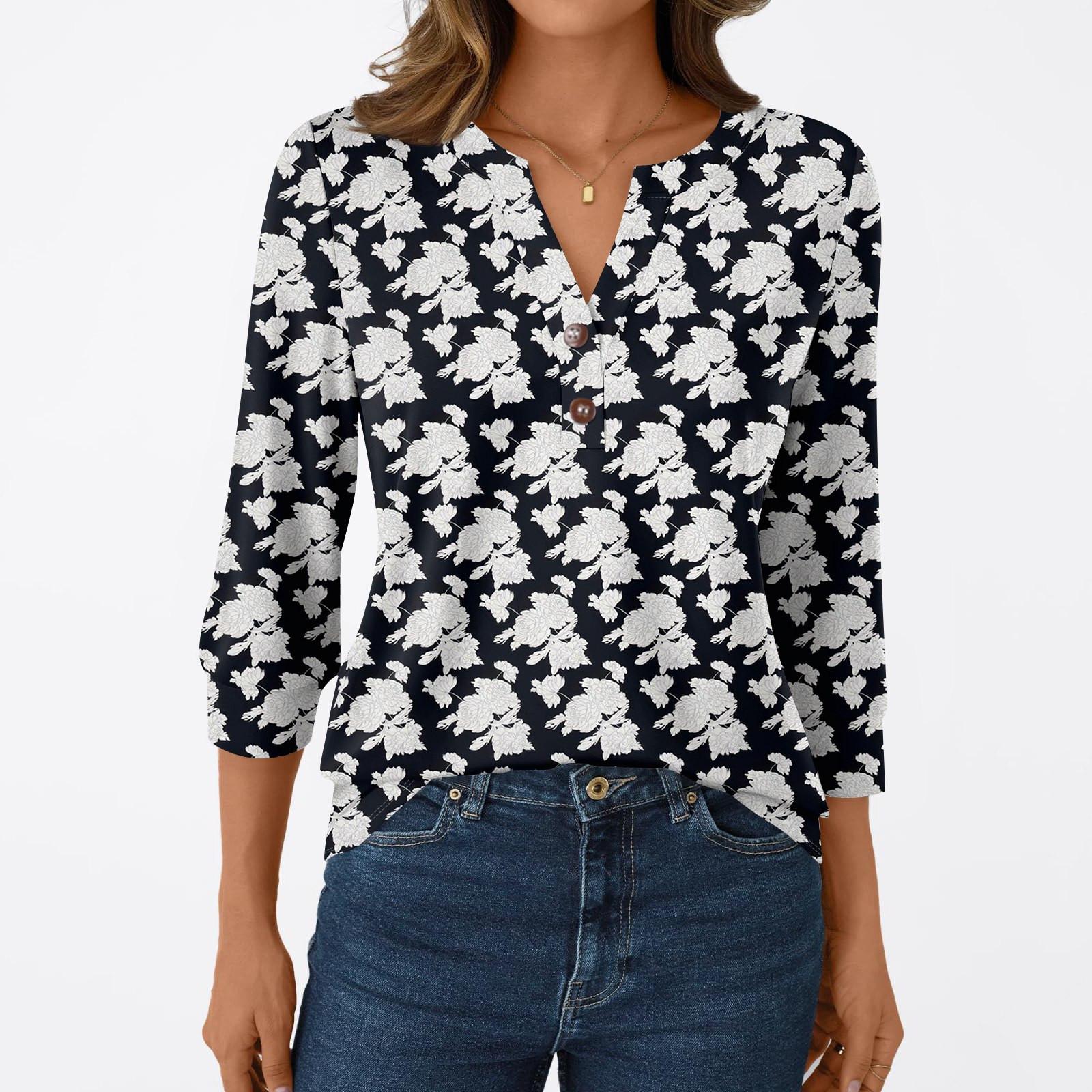 

Women s Fashion Casual 3/4 Sleeve T-Shirt Prints V-Neck Button Top S чорний