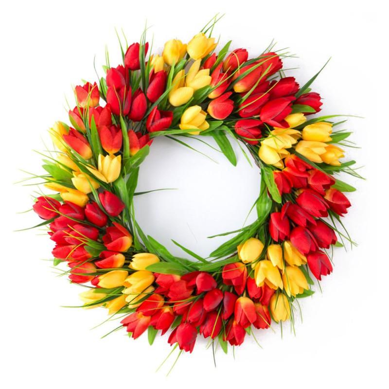 Artificitial Tulip Wreath Front Door Hanging Decoration 40cm Floral Garland Wall Pendant for Home Decor Wedding