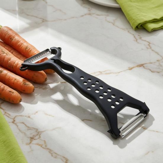 Multifunktionaler Obst- und Gemüse-Schäler & Reibe, Doppelt gezahnter Edelstahl-Klingen-Schäler und Reibe, Scharfer Klingen-Schäler für Gurken, Karotten,