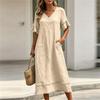 Women's Casual Loose Fit Midi Dress V Neckline Half Sleeve Ruffle Trim Lightweight Summer Dress