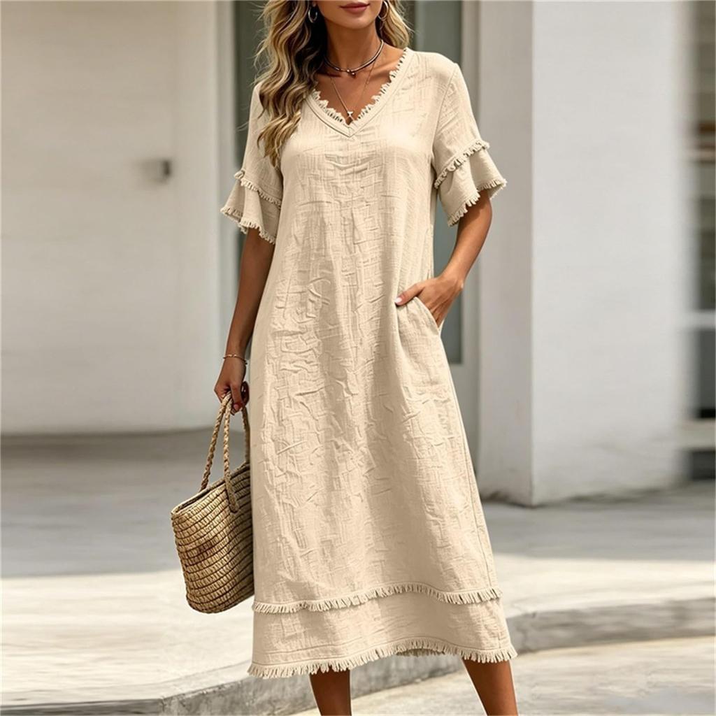 Women's Casual Loose Fit Midi Dress V Neckline Half Sleeve Ruffle Trim Lightweight Summer Dress