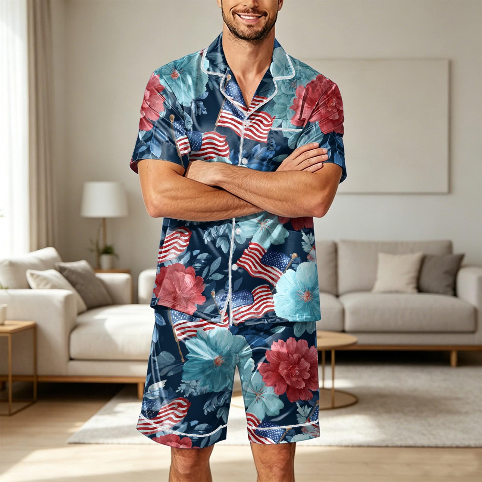 

Men Satin Short Sleeve Pajama Set Two Piece Lightweight Sleepwear with Shorts and Pockets Comfortable Lounge Wear for Home M