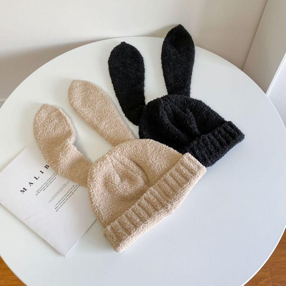 Knitted Women Beanie Hat Solid Color Plush Skull Cap All-match Rabbit Ear Hats  Streetwear