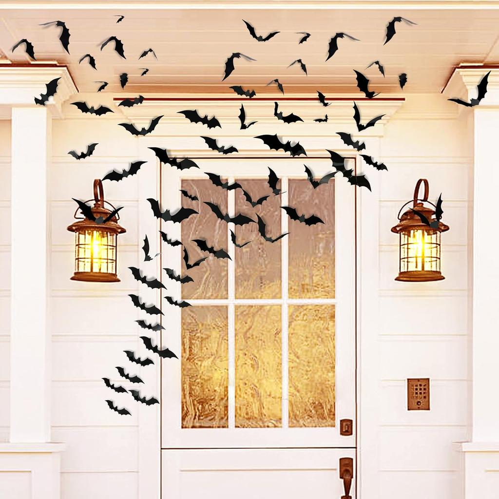 TDHDIKE Halloween Decorations Bats Wall Decor Halloween Party Decorations Indoor Outdoor Decor Supplies, 64 Pcs Reble PVC 3D Black Bats Stickers for