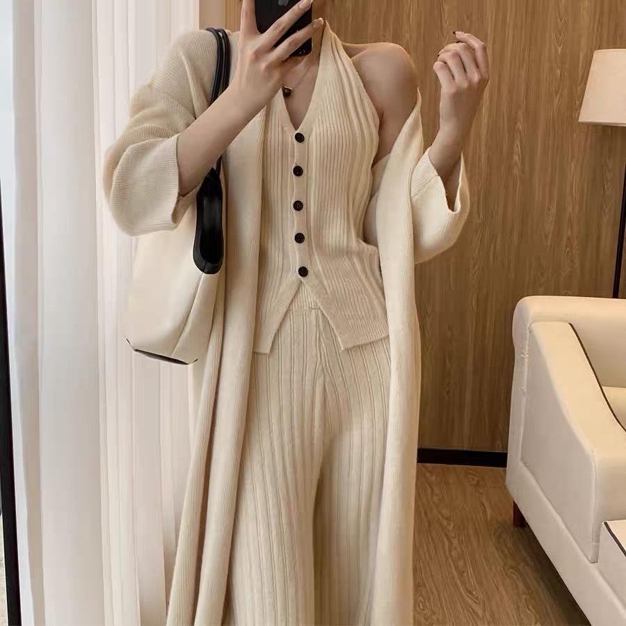 Women's Korean Style Knit Cardigan Set: Casual Loose Vest & Wide-Leg Pants Three-Piece for Autumn/Winter.