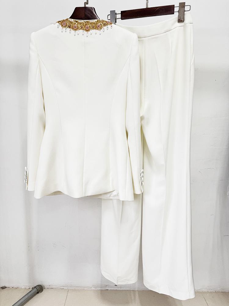 In Stock: 2025 European & American Fashion Embroidered Sequin-Beaded Jacket & Trousers Set