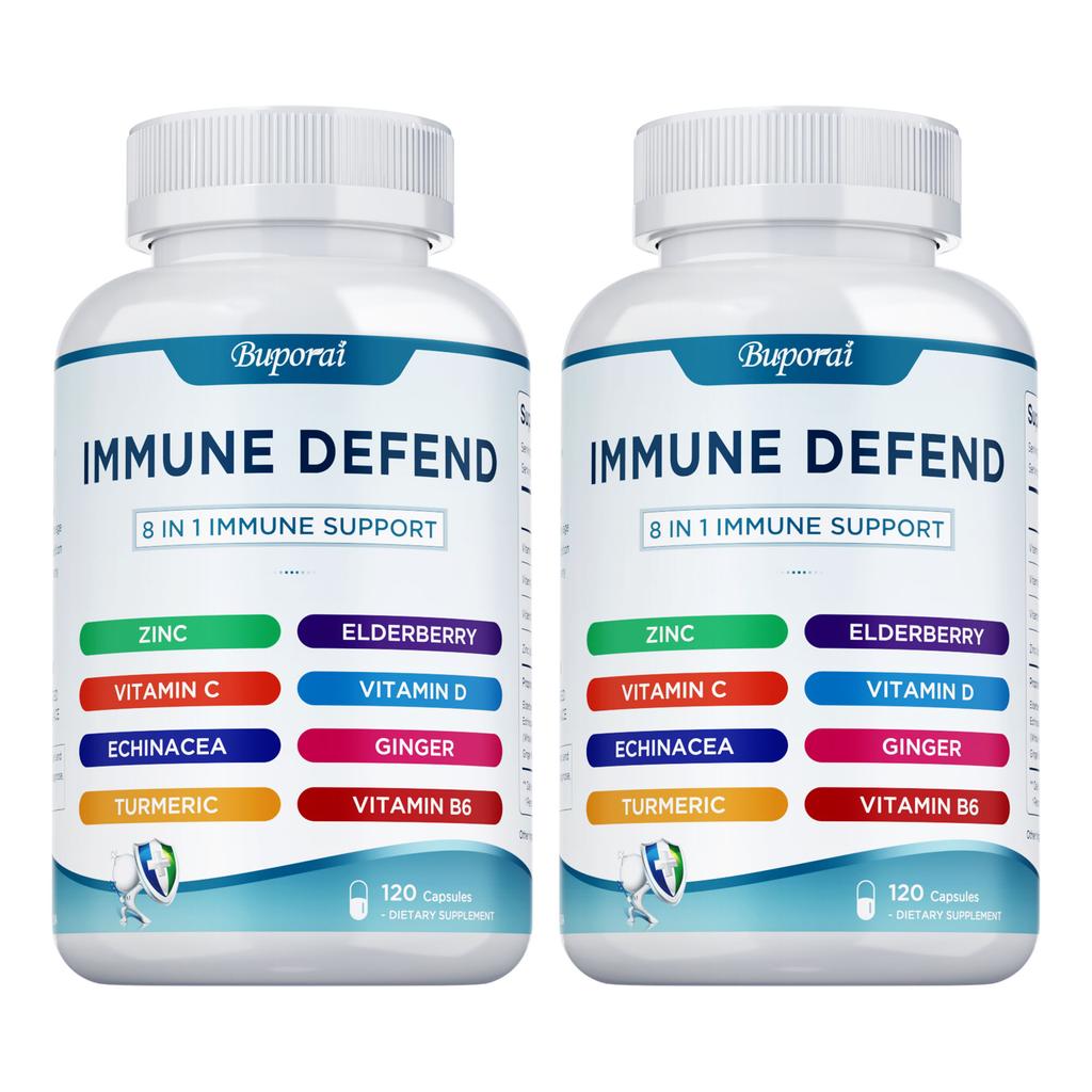 Multivitamin capsules, containing zinc, elderberry, vitamin D3, turmeric, immune support, antioxidant support, suitable for adults.
