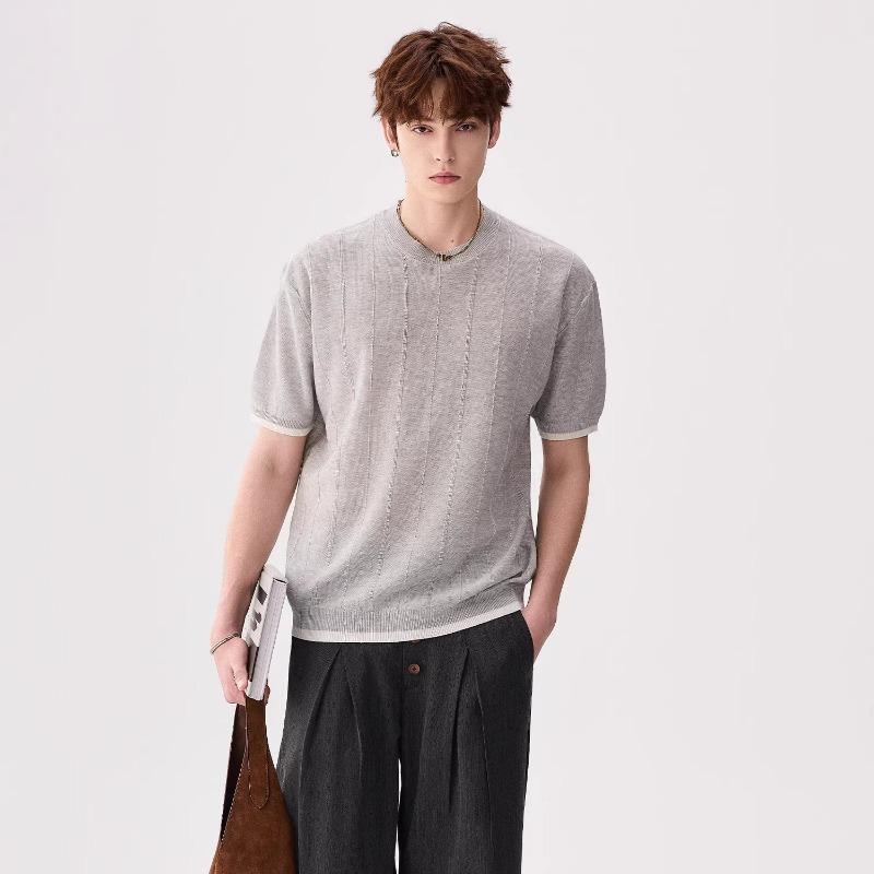 Summer New Trendy Brand Fashion Gentleman's Style Contrasting Color Knitted Short-sleeved T-shirt Men's Breathable Pullover Crew Neck Top