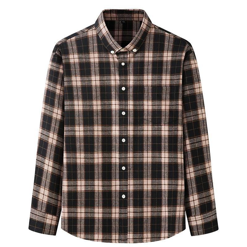 Spring and Autumn Large Size Men's Blue Brushed Long-sleeved Plaid Shirt Fat Brother Fat Guy Autumn and Winter Loose Casual Large F-neck Shirt