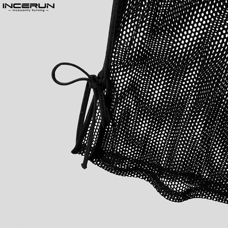 INCERUN Sommer Herren Kurzarm Hohl Durchsichtig Lange Strand Tanktops