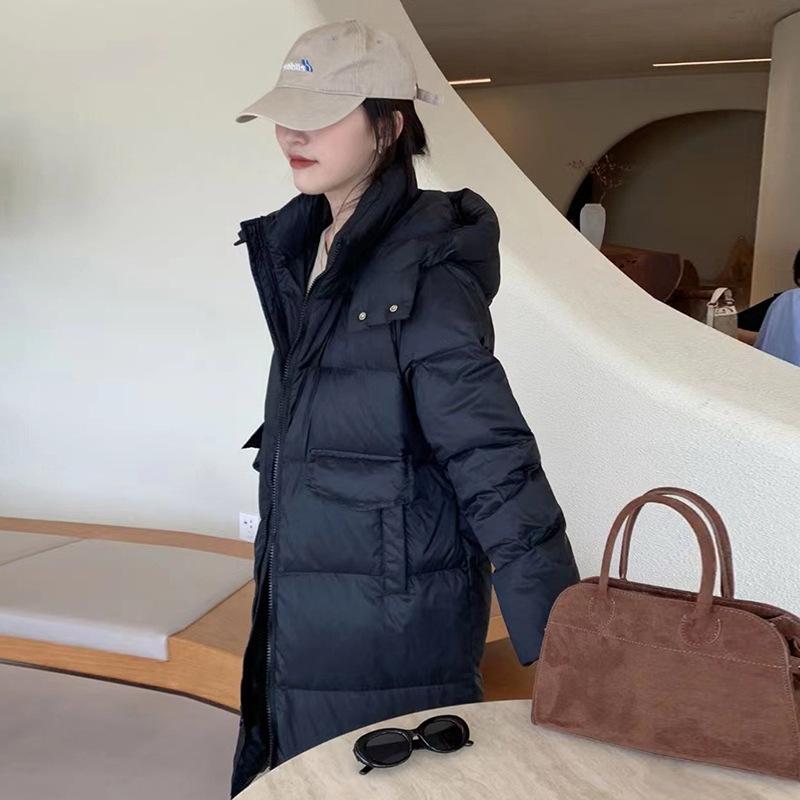 

Long knee down jacket women s 2025 winter new fashion hooded sweet big pocket warm small coat M чорний