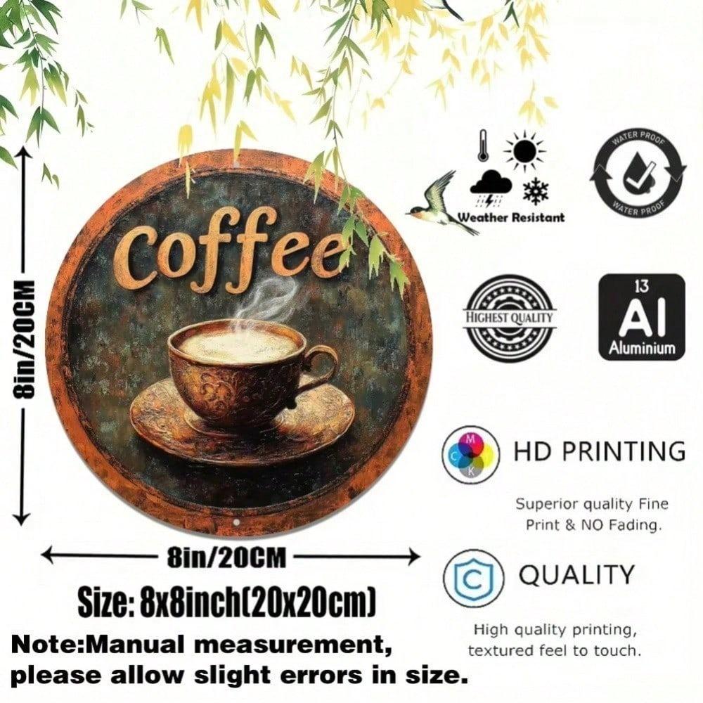 Retro Vintage Coffee Metal Wall Sign Round 8 Inch Rustic Aluminum Art Decor For Home Kitchen Living Room Bathroom
