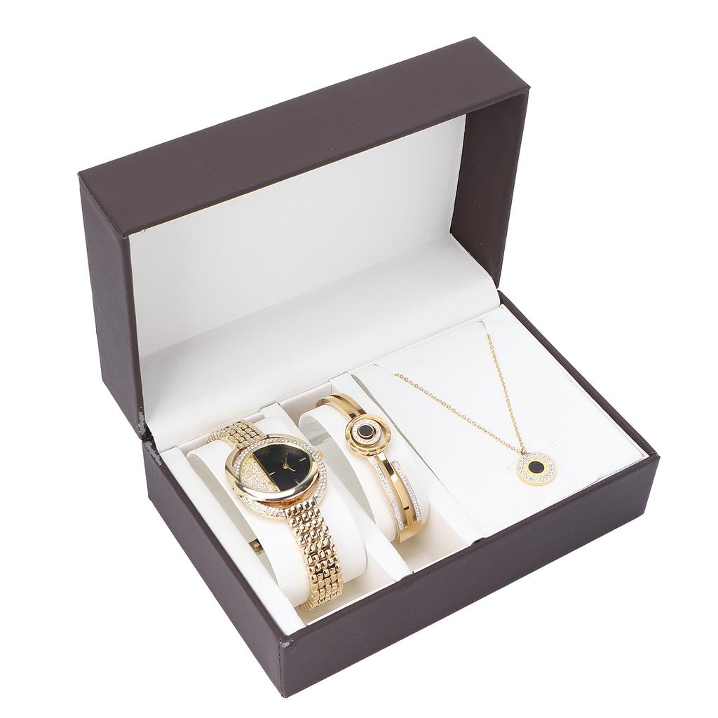 Business Style Women Watch Bracelet Necklace Set Anniversary Birthday Gift Jewelry Set Gold