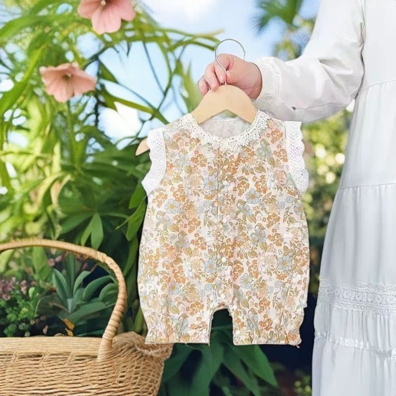 

Summer Soft Gauze Floral One-Piece Romper for Infants and Toddlers, Thin Sleeveless Style, Stylish Lace Ladylike One-Piece Crawling Suit Picture Color 66