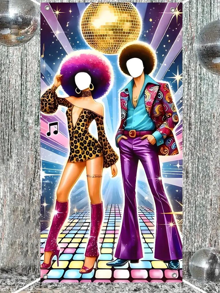 70s Disco Dance Party Photo Booth Backdrop - Retro Theme Hollow-Out Banner with Vibrant Neon Lights & Disco Ball for Birthday,