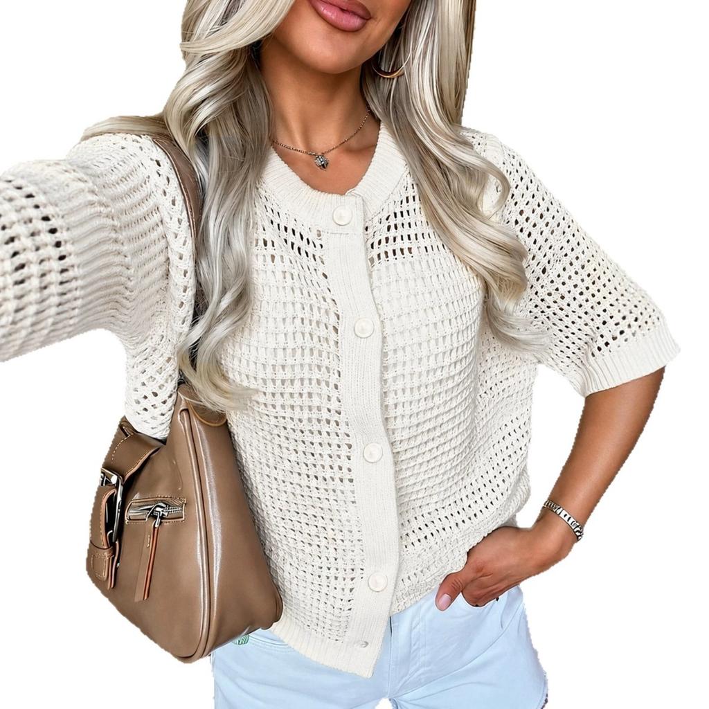 Damenbekleidung, Neue Styles, Französische Stil Oberteile, Rundhals, Ausgeschnitten, Gestrickte Shirts, Kurze Ärmel, Unifarbene, Strickjacken, Pullover, Oberteile