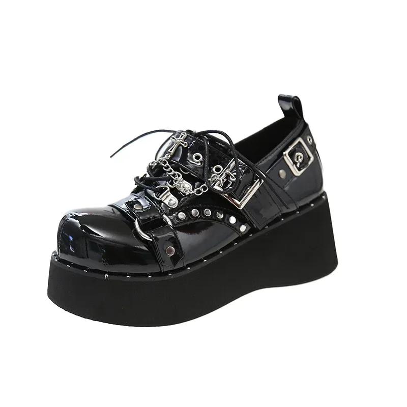 Fashion Japanese Kawaii Punk Goth Chunky Platform Pumps Women Bowtie Wedges Mary Jane Lolita Shoes Woman Heart Ankle Buckle Black Shoes
