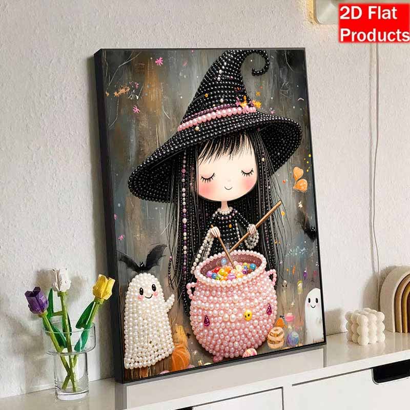 Frameless Pearl Painting Kit Cute Little Witch Cauldron Pattern DIY Shiny Bead Canvas Creative Leisure Craft Gift for Adults