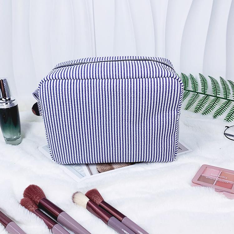 Striped Seersucker Cosmetic Bag - Indian Style Travel Toiletry Pouch