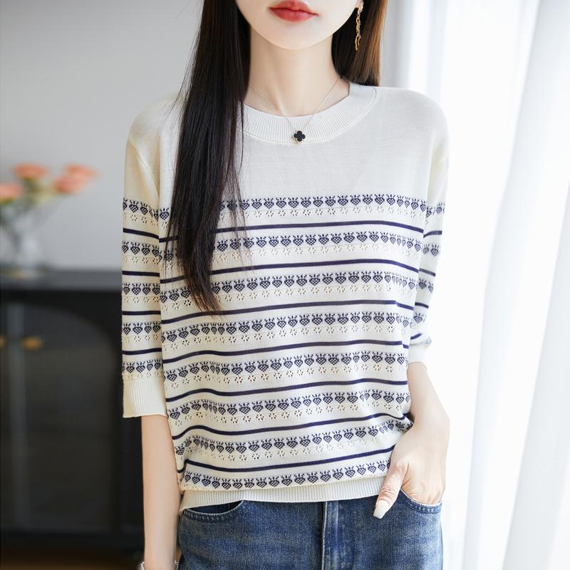 Women Knit T-shirt MODERN NEW SAGA Summer Knitted Shirt Short Sleeve Tees O-neck Patchwork Pullover Knit Tops