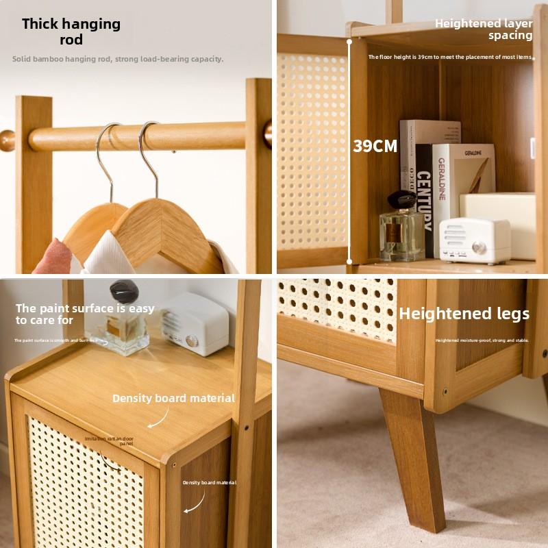 Bedroom Small Apartment Solid Wood Floor with Drawers, Bedside Table, Integrated Hanger, Household Coat Rack with Bedside Table