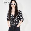 MO&Co. Bowknot Print Ruched Backless Puff Sleeve Crop Top