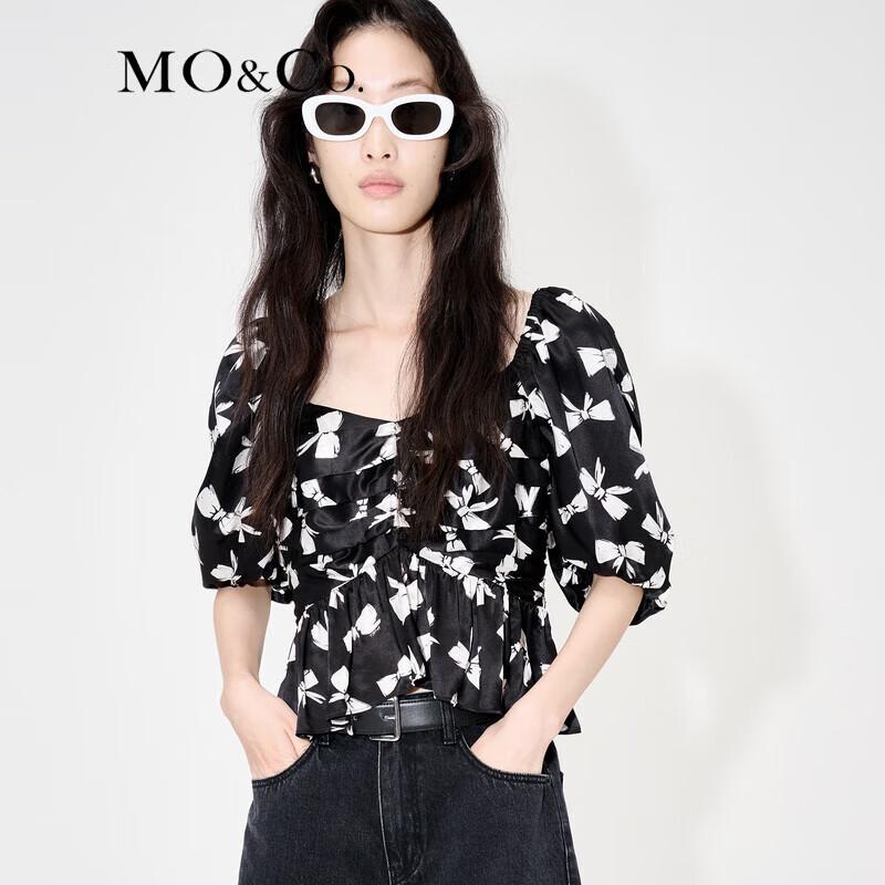 MO&Co. Bowknot Print Ruched Backless Puff Sleeve Crop Top