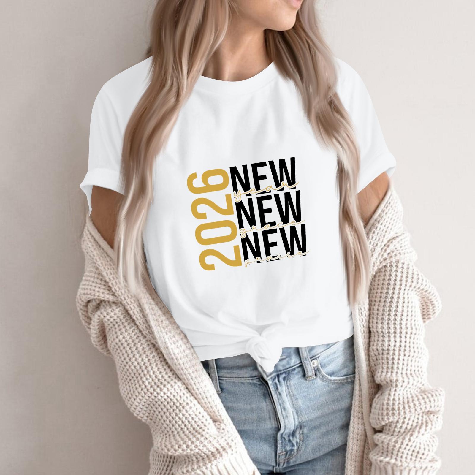 

Женская мода 2026 Новый год Принт Круглый вырез Короткий рукав Топ XL белый