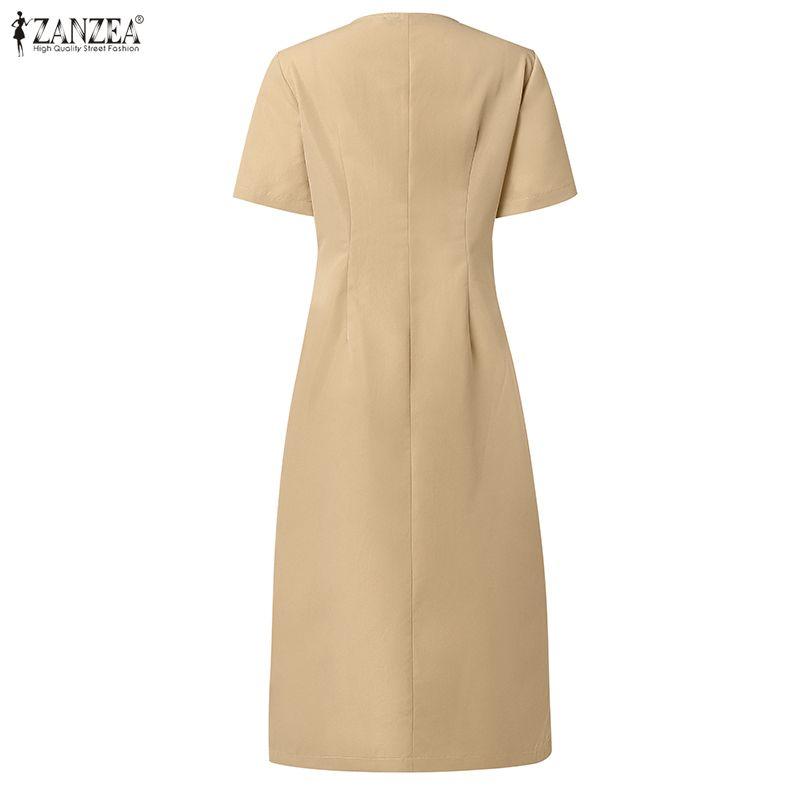 ZANZEA Women Casual V-Neck Solid Color Short Sleeve Sheath Dress