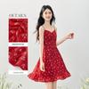sllsky Women's Vintage Red Floral Ruffle Cami Dress