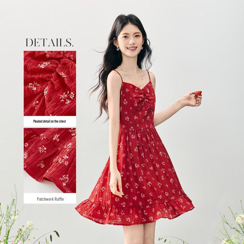 sllsky Women's Vintage Red Floral Ruffle Cami Dress