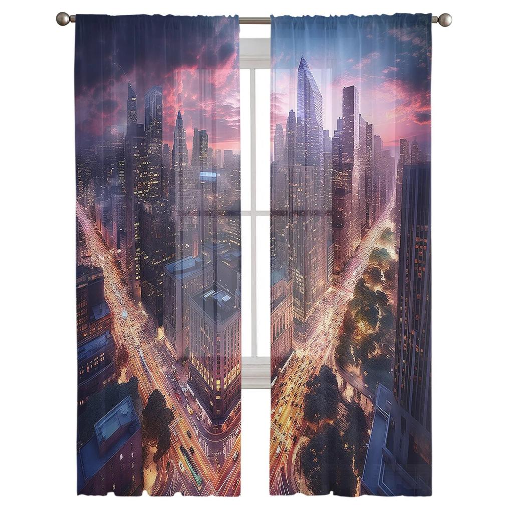 Street City Sky Gradient High Building Voile Sheer Curtains Living Room Window Tulle Curtain Kitchen Bedroom Drapes Home Decor
