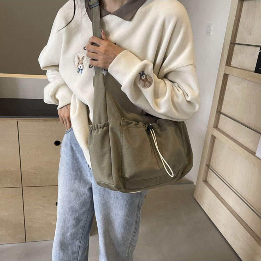 Elastic Rope Drawstring Tote Bag Solid Color Pleated Shoulder Bag Nylon Crossbody Bag  School