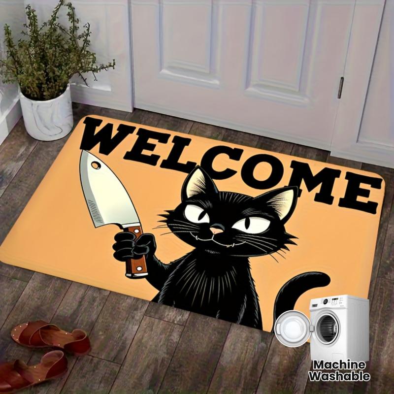 VIKAMA Black Cat Humorous Welcome Doormat – Non-Slip, Noise-Reducing Entryway Mat for Hallways, Bathrooms, and Home Decor