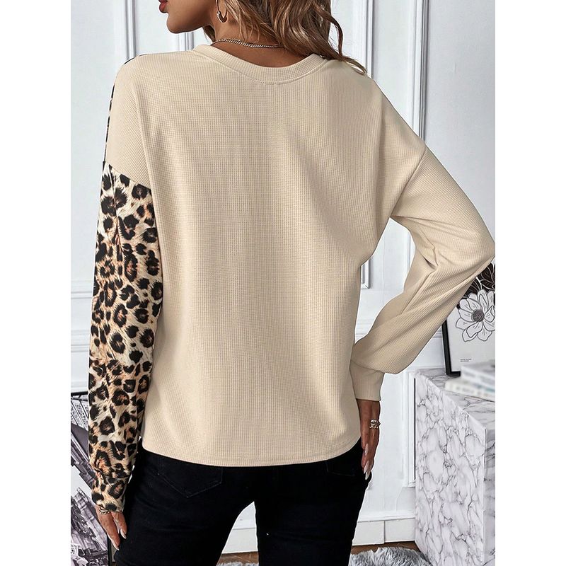 Fashion Color Contrast Patchwork Leopard Print Long Sleeve T-shirt Women 2024 Fall and Winter New Arrival Loose Round Neck Pullover Tops Women