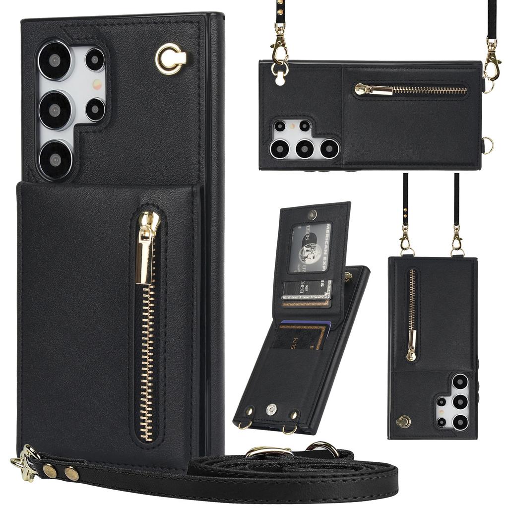 Samsung S26 Series PU Leather Phone Case with Long Strap, Zipper Pocket and Kickstand