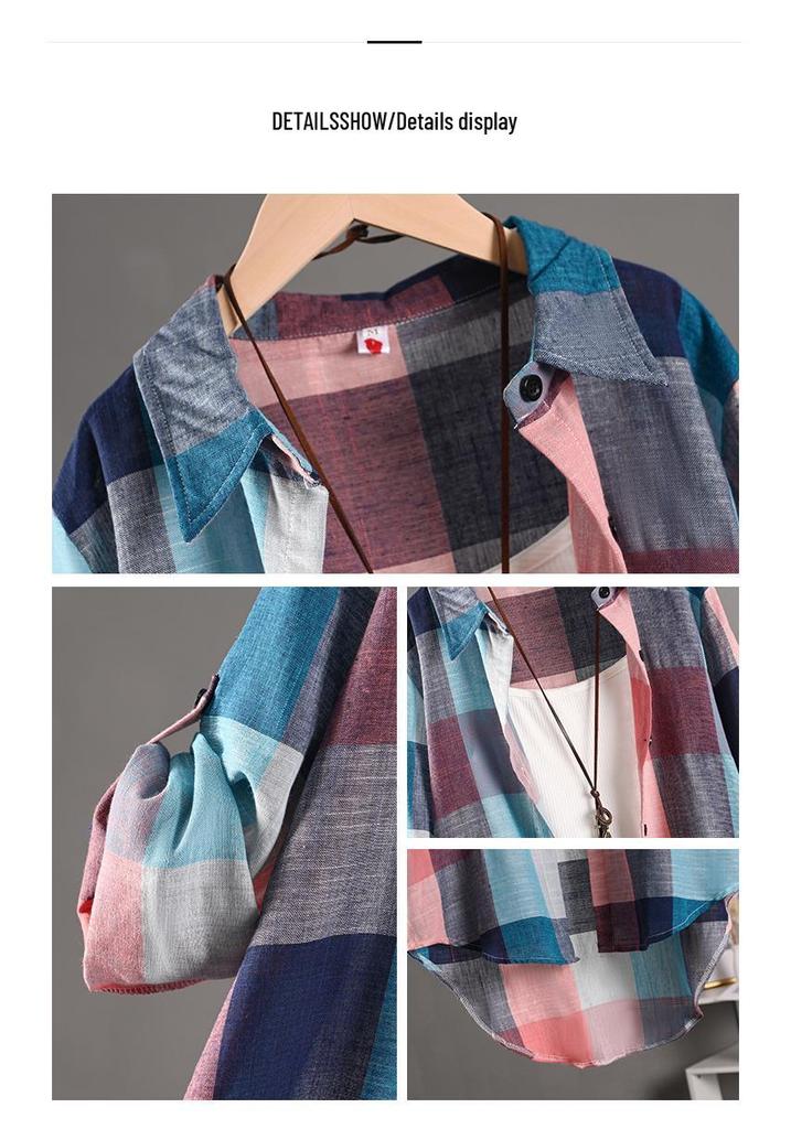 Women's Plaid Long Sleeve Sun Protection Shirt – Loose, Plus Size, Cotton Linen Jacket
