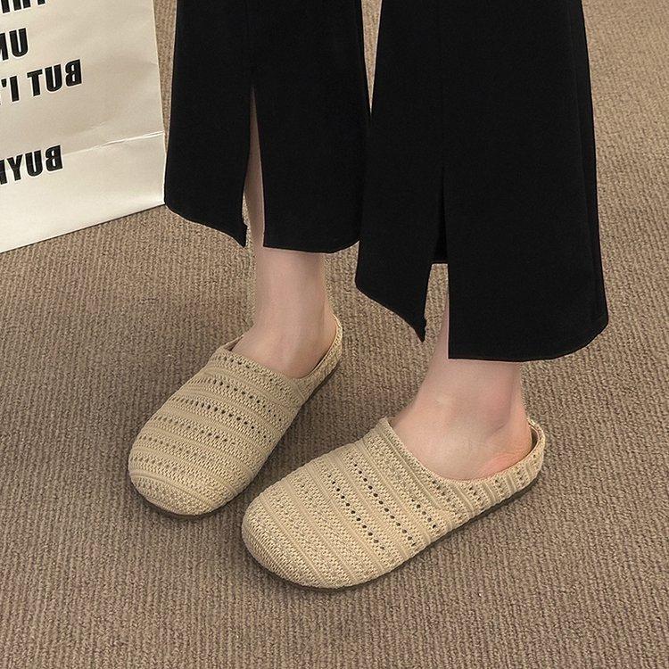 Baotou Mesh Knitted Baotou Half Slippers Women's Outer Wear Soft Bottom 2025 Spring New French Retro Casual Versatile
